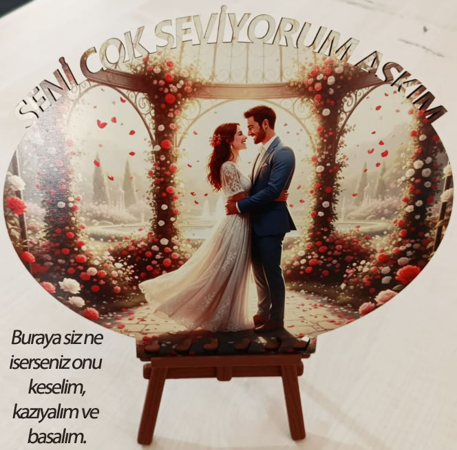 Kişiye Özel Ahşap Mdf Desen Lazer Yazı kesim ve Dijital Baskı 24X20 CM Şovale ayaklı 