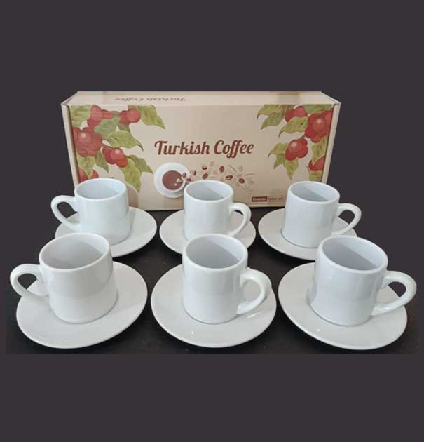 Beyaz Porselen Türk Kahvesi Fincanı (6'lı set) + Karton kutu +  Tasarım + Baskı