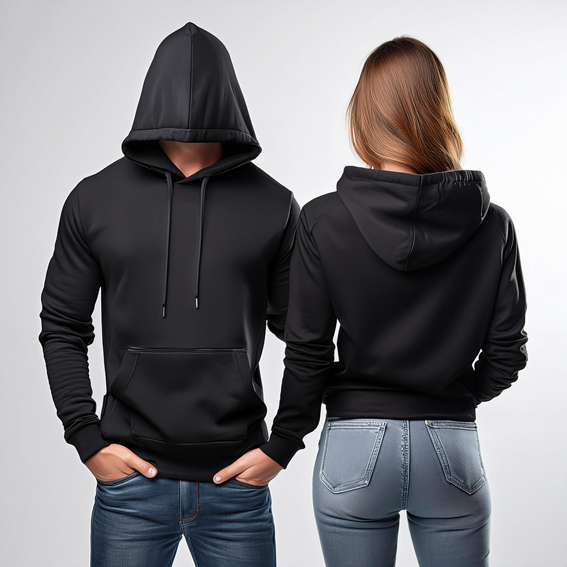 Siyah Kapşonlu Önü Düz Sweatshirt Baskı