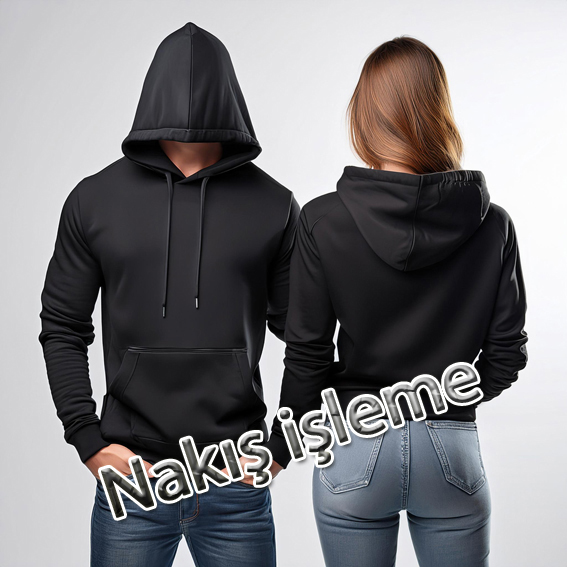 Siyah Kapşonlu Önü Düz Sweatshirt Nakış İşleme 